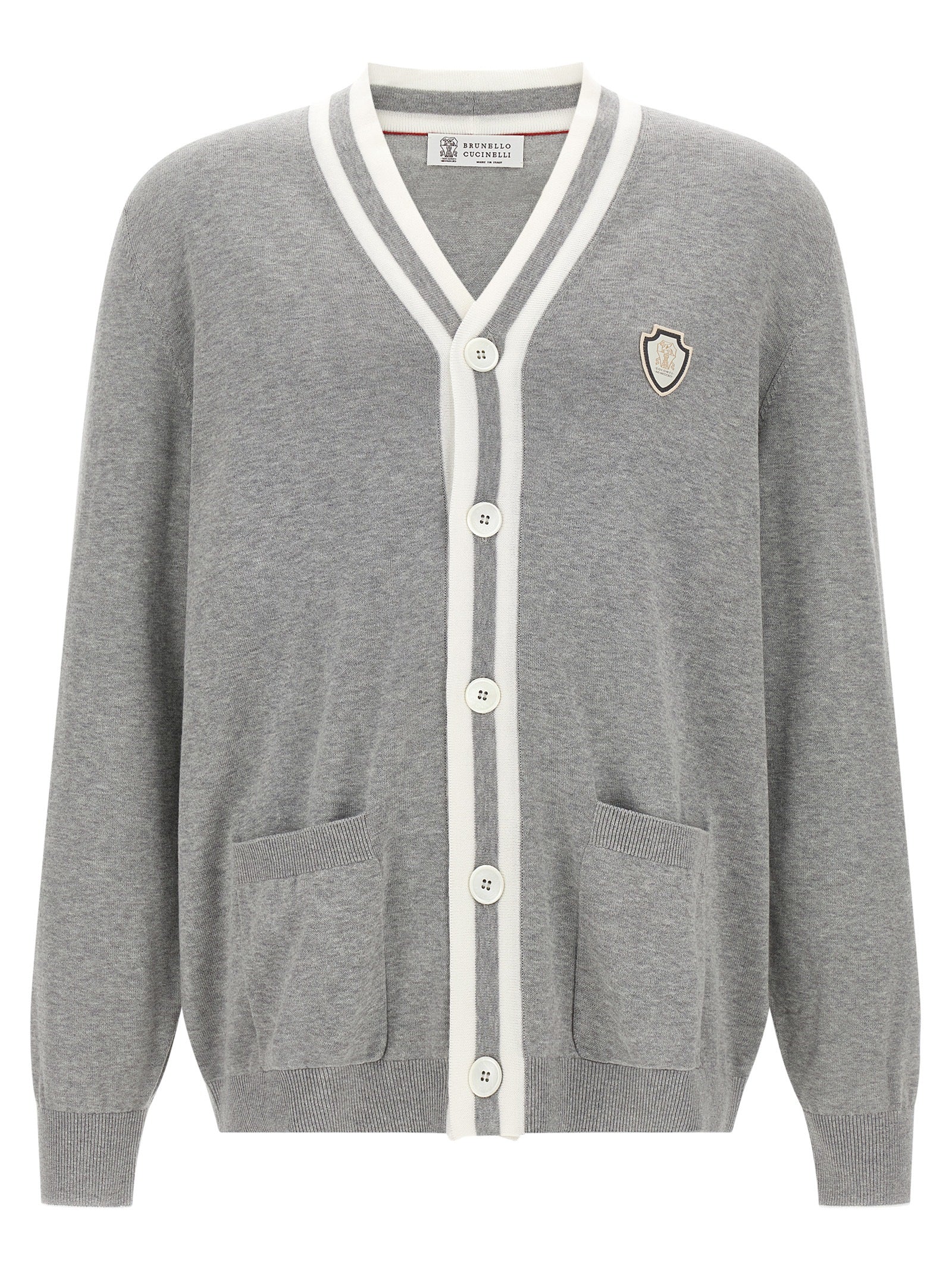 Cardigan by Brunello Cucinelli for men in cotton gray, pearl & white features an crisp silhouette, showcasing a sophisticated v-neck neckline and detail for a truly crisp finish.