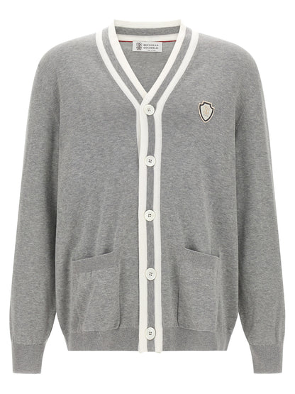 Cardigan by Brunello Cucinelli for men in cotton gray, pearl & white features an crisp silhouette, showcasing a sophisticated v-neck neckline and detail for a truly crisp finish.