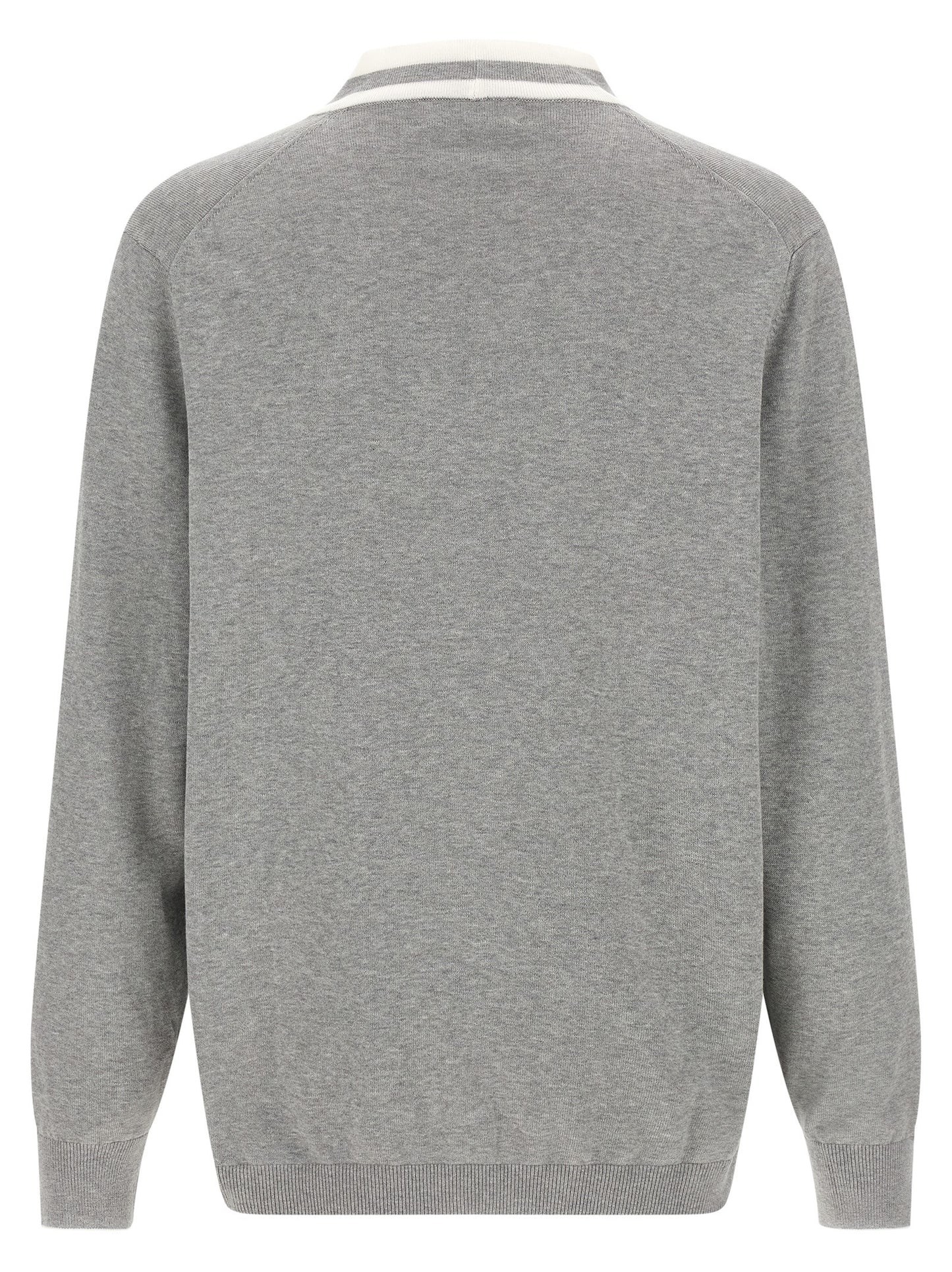 Cardigan by Brunello Cucinelli for men in cotton gray, pearl & white showcases a luxurious silhouette, meticulously detailed with a sophisticated v-neck neckline and for a refined finish.