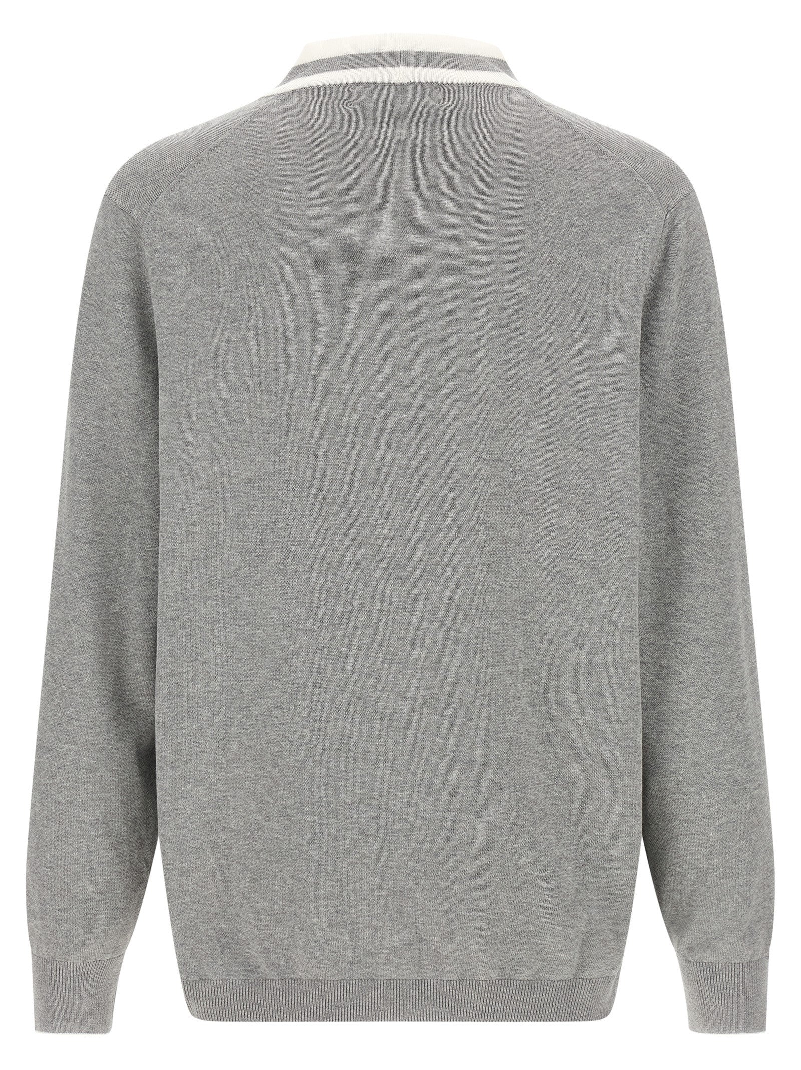 Cardigan by Brunello Cucinelli for men in cotton gray, pearl & white showcases a luxurious silhouette, meticulously detailed with a sophisticated v-neck neckline and for a refined finish.