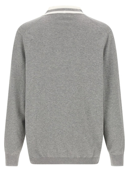 Cardigan by Brunello Cucinelli for men in cotton gray, pearl & white showcases a luxurious silhouette, meticulously detailed with a sophisticated v-neck neckline and for a refined finish.
