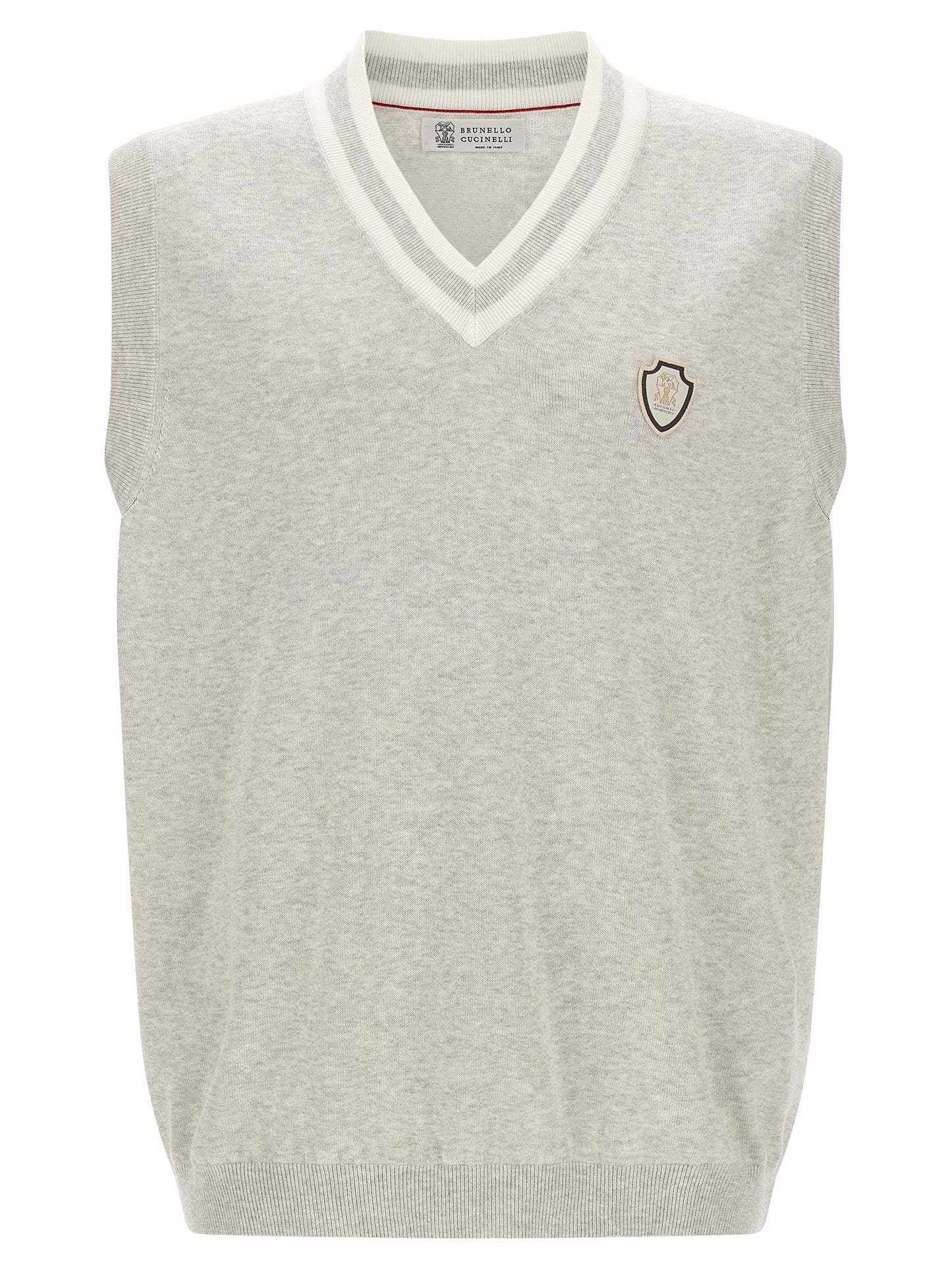 Sweater by Brunello Cucinelli for men in cotton gray, patterned & striped showcases a downtown chic silhouette, artfully finished with a downtown chic v-neck neckline and sleeveless for a sophisticated, high-end look.