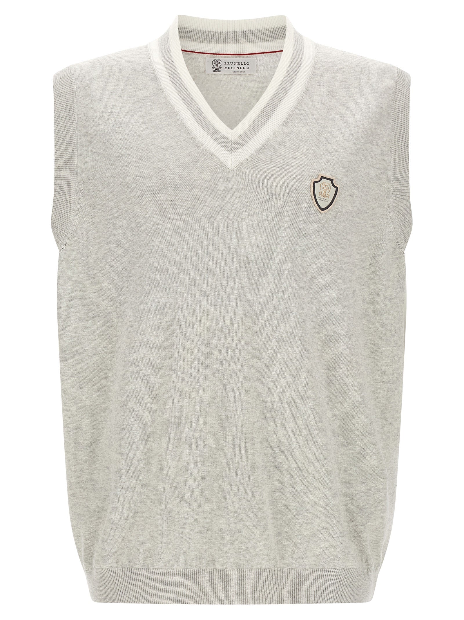 Sweater by Brunello Cucinelli for men in cotton gray, patterned & striped showcases a downtown chic silhouette, artfully finished with a downtown chic v-neck neckline and sleeveless for a sophisticated, high-end look.
