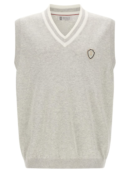 Sweater by Brunello Cucinelli for men in cotton gray, patterned & striped showcases a downtown chic silhouette, artfully finished with a downtown chic v-neck neckline and sleeveless for a sophisticated, high-end look.