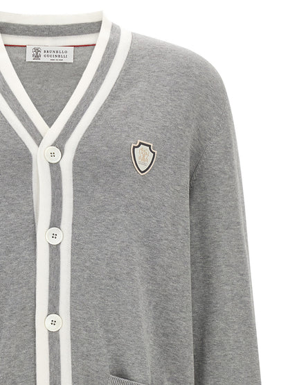 Cardigan by Brunello Cucinelli for men in cotton gray, pearl & white features an impeccable silhouette, showcasing a sophisticated v-neck neckline and detail for a truly impeccable finish.