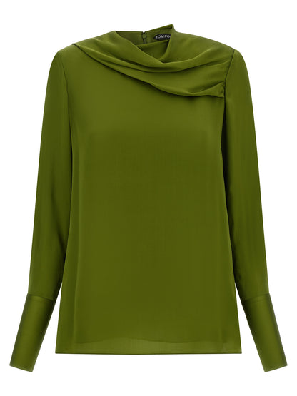 Blouse by Tom Ford for women in silk satin bicolour, green & olive features an polished silhouette, showcasing a sophisticated and detail for a truly polished finish.
