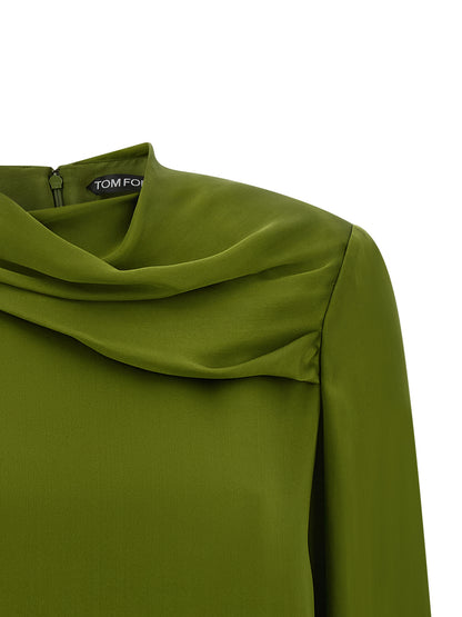 Blouse by Tom Ford for women in silk satin bicolour, green & olive features an polished silhouette, showcasing a sophisticated and detail for a truly polished finish.
