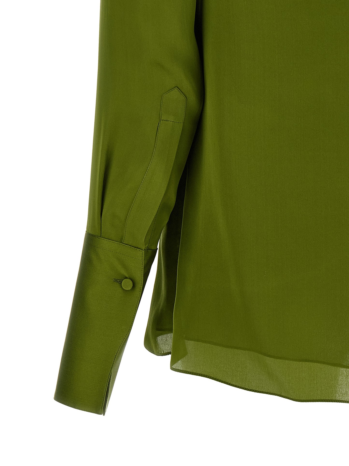 Blouse by Tom Ford for women in silk satin bicolour, green & olive showcases a sharp silhouette, elegantly detailed with a sharp and sharp .