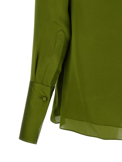 Blouse by Tom Ford for women in silk satin bicolour, green & olive showcases a sharp silhouette, elegantly detailed with a sharp and sharp .