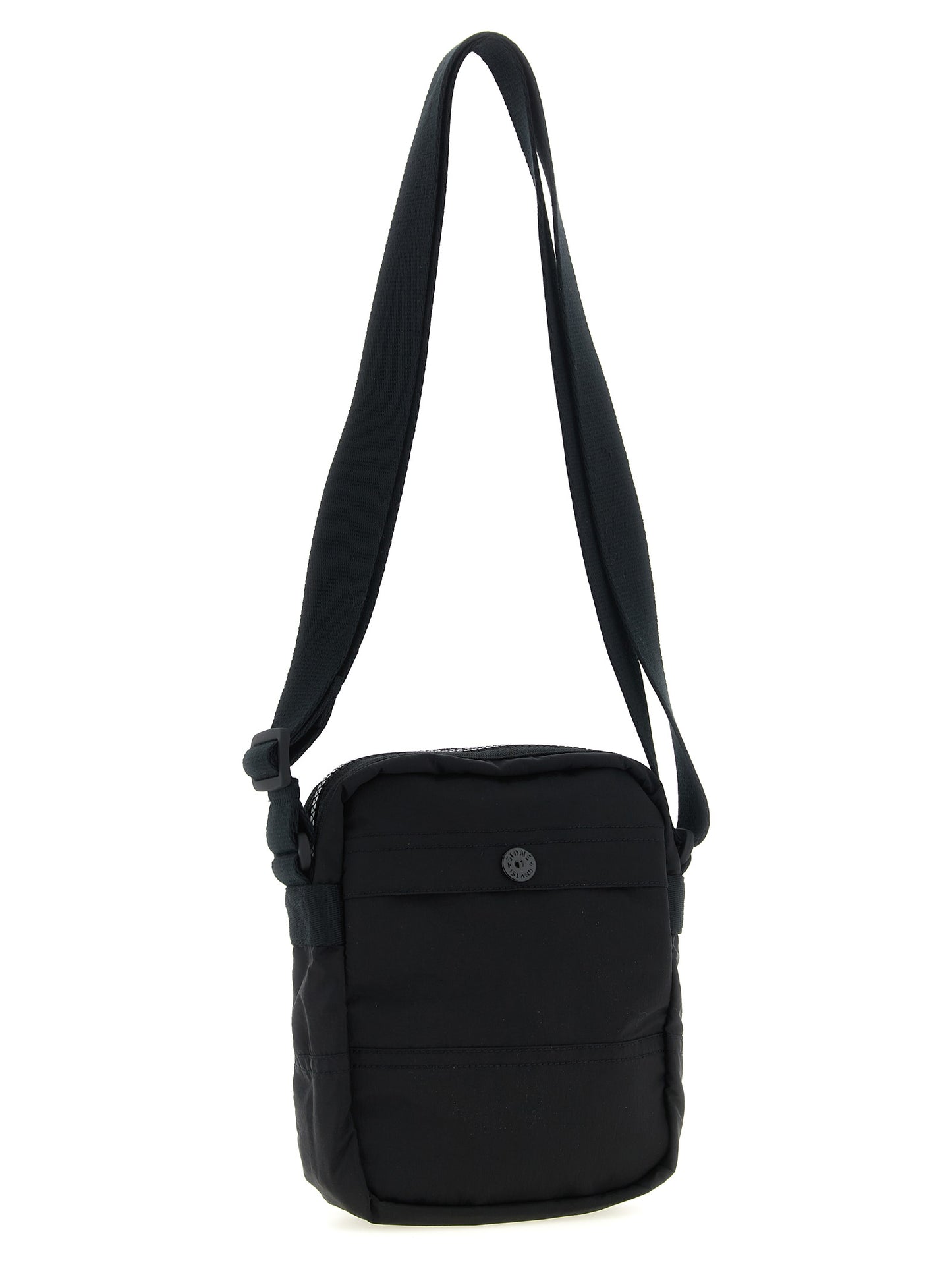 Compact Crossbody Messenger Bag by Stone Island for men in nylon black features a statement-making Nylon Compact Crossbody Messenger Bag design with a secure snap, zipper & button, statement-making , and versatile crossbody-strap & adjustable-strap for a sophisticated look.