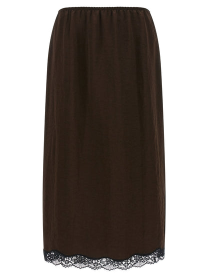 Skirt by Twinset for women in marabou acrylic satin brown & floral features an tailored silhouette, artfully capturing the essence of Women's Marabou Acrylic Satin Skirt in a sophisticated midi.