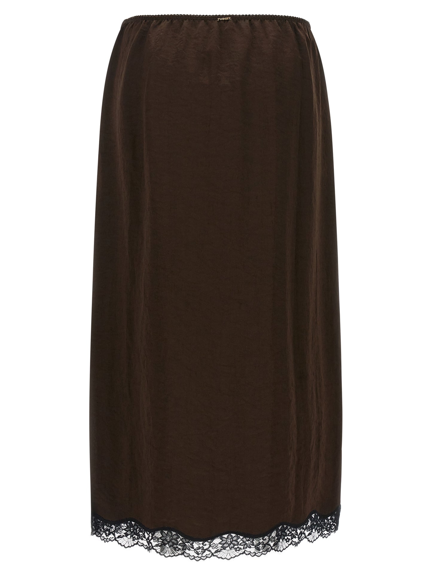 Skirt by Twinset for women in marabou acrylic satin brown & floral showcases a sultry silhouette, elegantly defined by its midi and the sophisticated sultry design of the Women's Marabou Acrylic Satin Skirt.