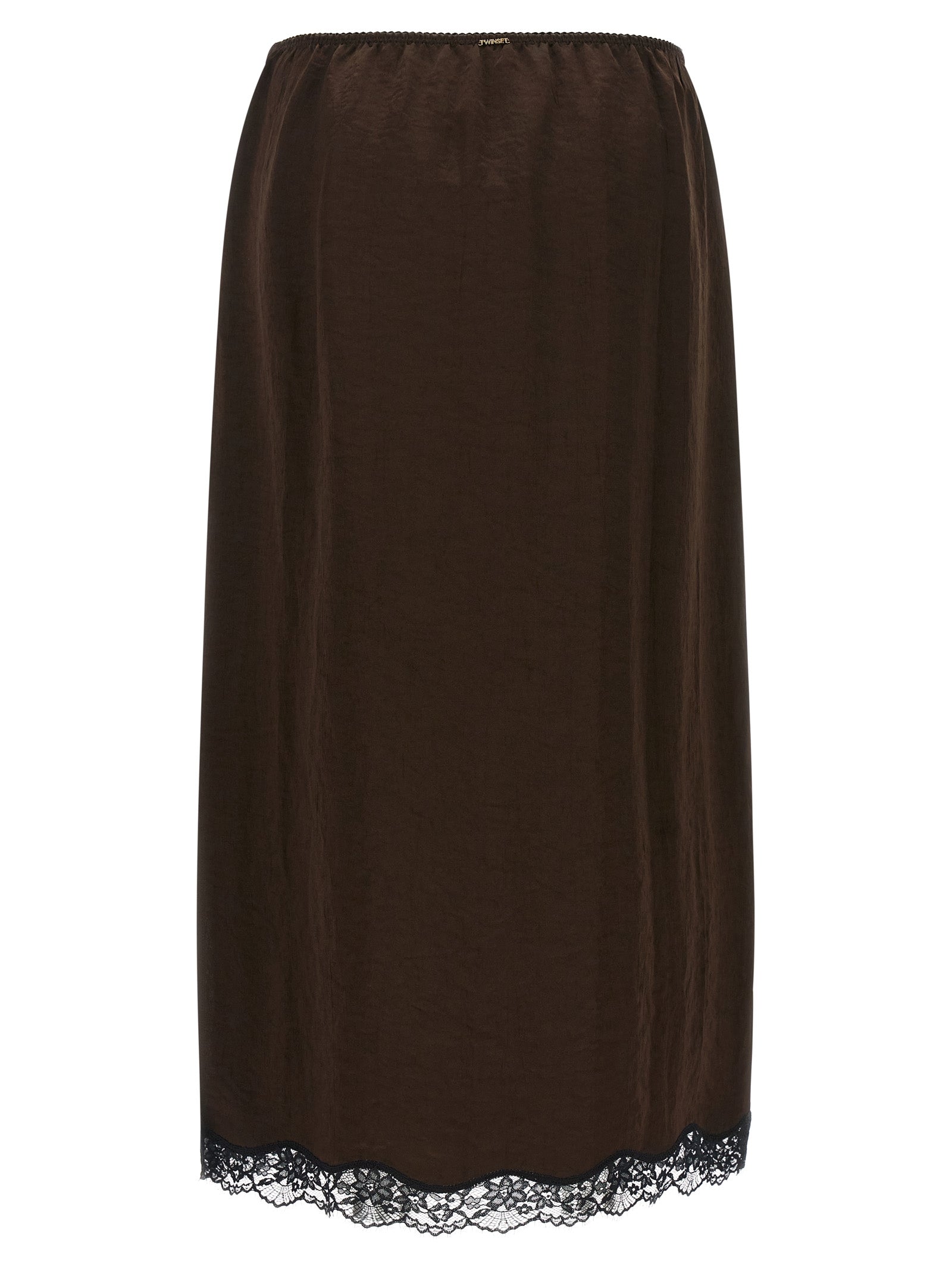 Skirt by Twinset for women in marabou acrylic satin brown & floral showcases a sultry silhouette, elegantly defined by its midi and the sophisticated sultry design of the Women's Marabou Acrylic Satin Skirt.