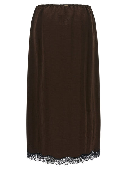 Skirt by Twinset for women in marabou acrylic satin brown & floral showcases a sultry silhouette, elegantly defined by its midi and the sophisticated sultry design of the Women's Marabou Acrylic Satin Skirt.