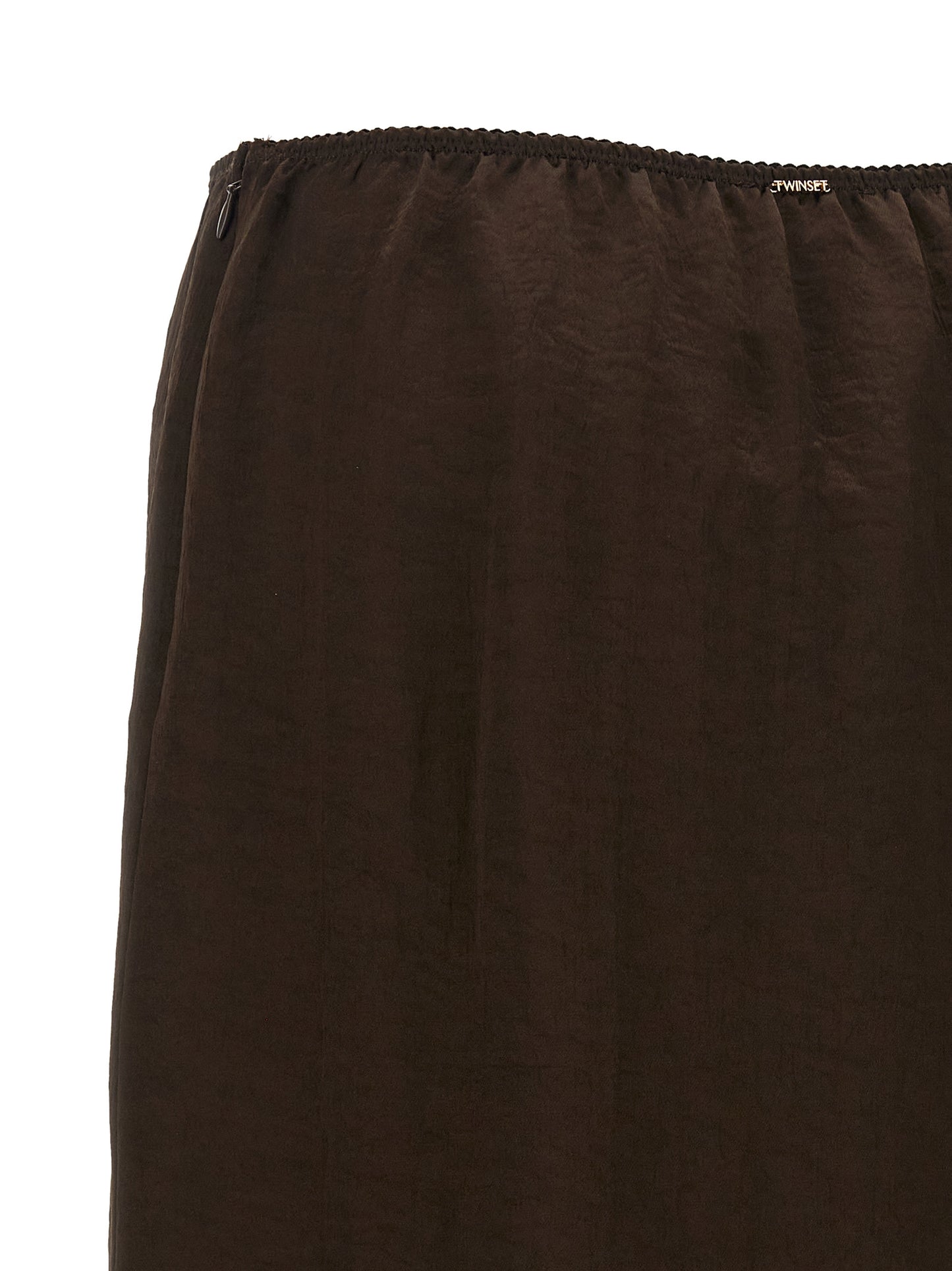 Skirt by Twinset for women in marabou acrylic satin brown & floral features a captivating silhouette, showcasing the captivating Women's Marabou Acrylic Satin Skirt design with a sophisticated midi for a captivating look.