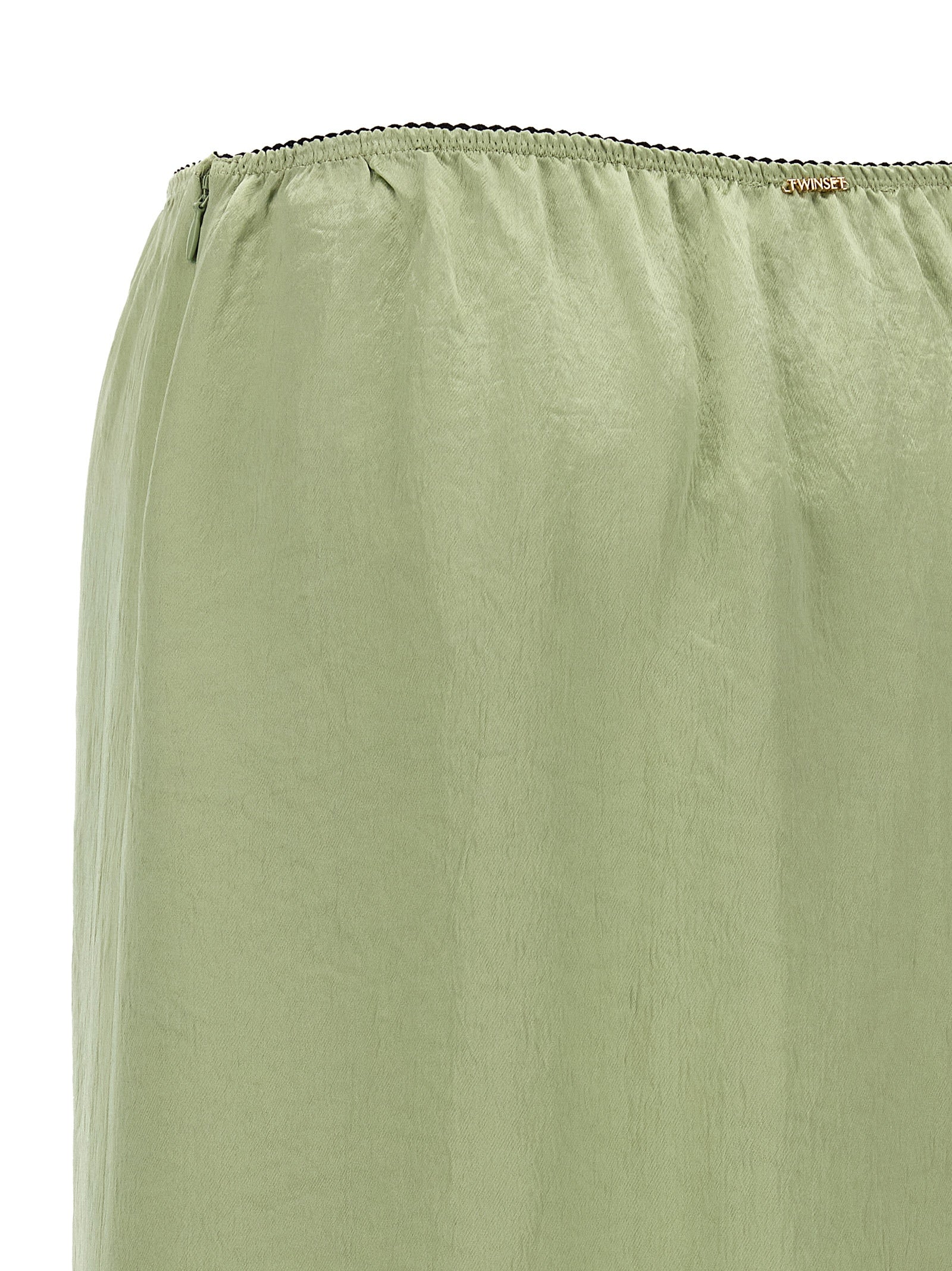 Skirt by Twinset for women in marabou acrylic satin bicolour, black & green showcases a dramatic silhouette, artfully capturing the essence of the Grace Women's Marabou Acrylic Satin Skirt in a dramatic midi cut for a refined look.