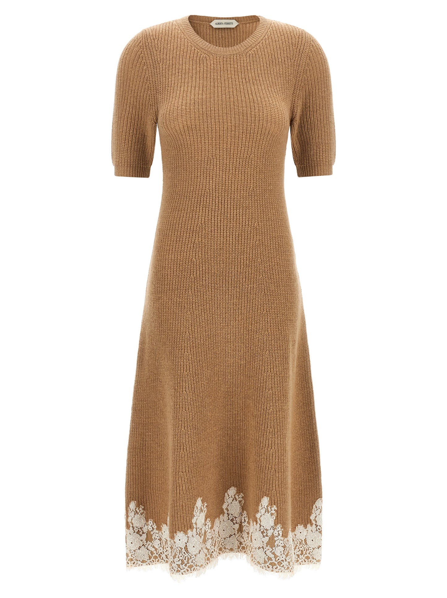 Dress by Alberta Ferretti for women in cashmere & acrylic fiber brown, camel, gold, white, floral & signature features a dramatic silhouette, showcasing an elegant and short-sleeve that flows into a dramatic midi short.