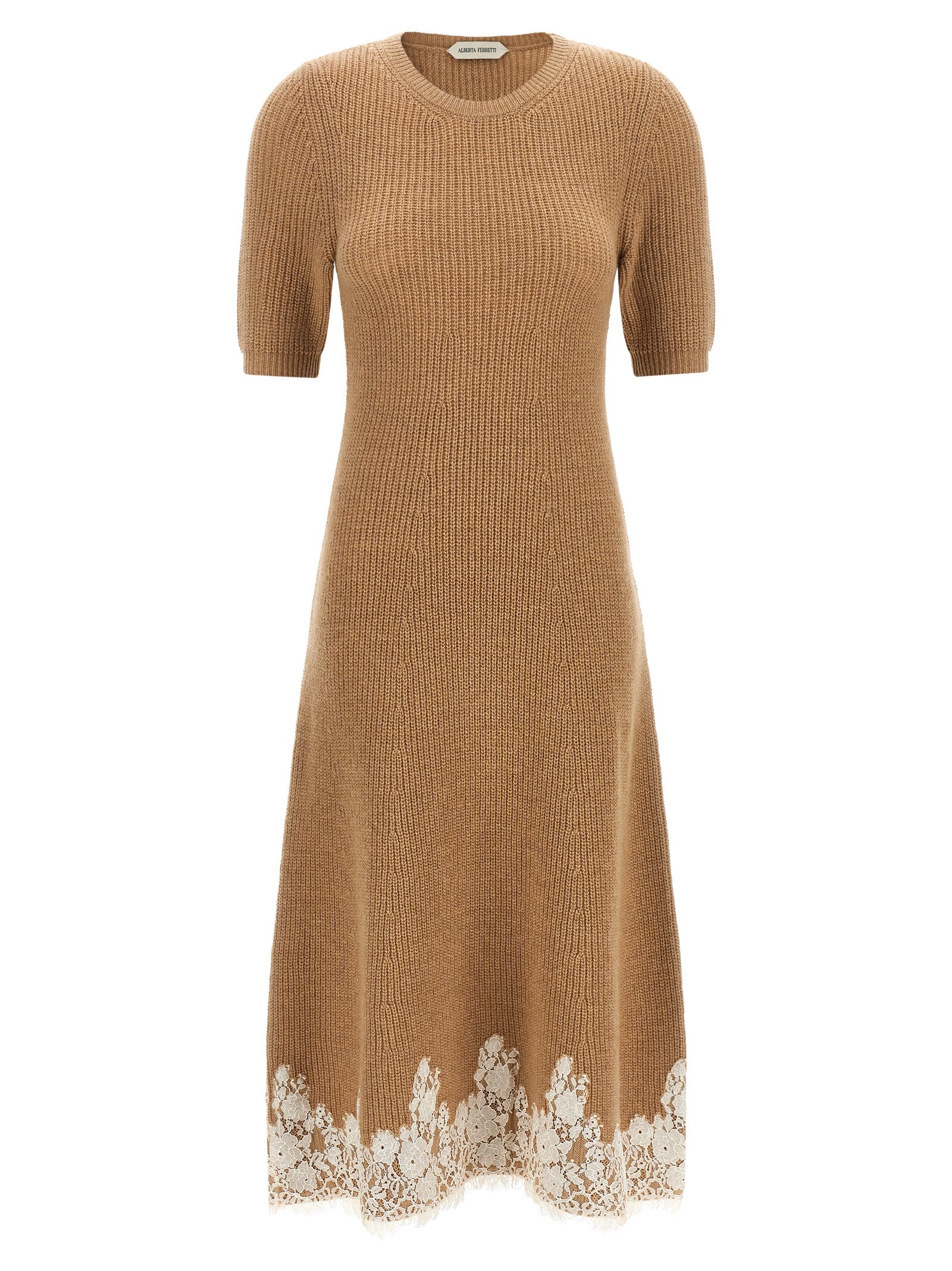 Dress by Alberta Ferretti for women in cashmere & acrylic fiber brown, camel, gold, white, floral & signature features a dramatic silhouette, showcasing an elegant and short-sleeve that flows into a dramatic midi short.