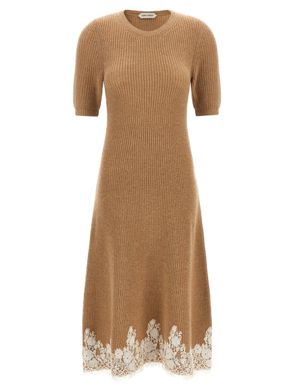 Dress by Alberta Ferretti for women in cashmere & acrylic fiber brown, camel, gold, white, floral & signature features a dramatic silhouette, showcasing an elegant and short-sleeve that flows into a dramatic midi short.