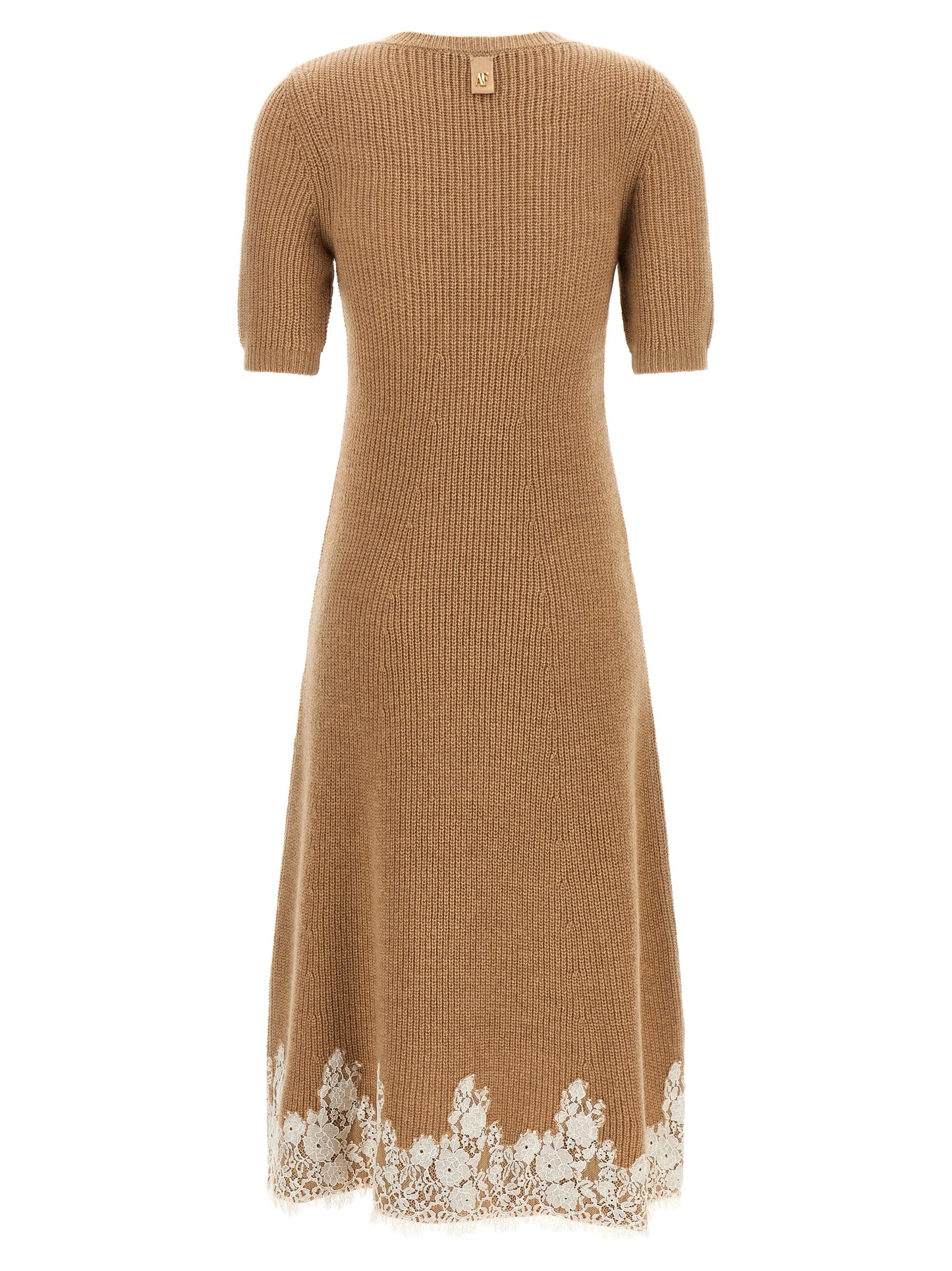Dress by Alberta Ferretti for women in cashmere & acrylic fiber brown, camel, gold, white, floral & signature features an eye catching silhouette with a sophisticated , elegant , and a refined midi short for a eye catching aesthetic.