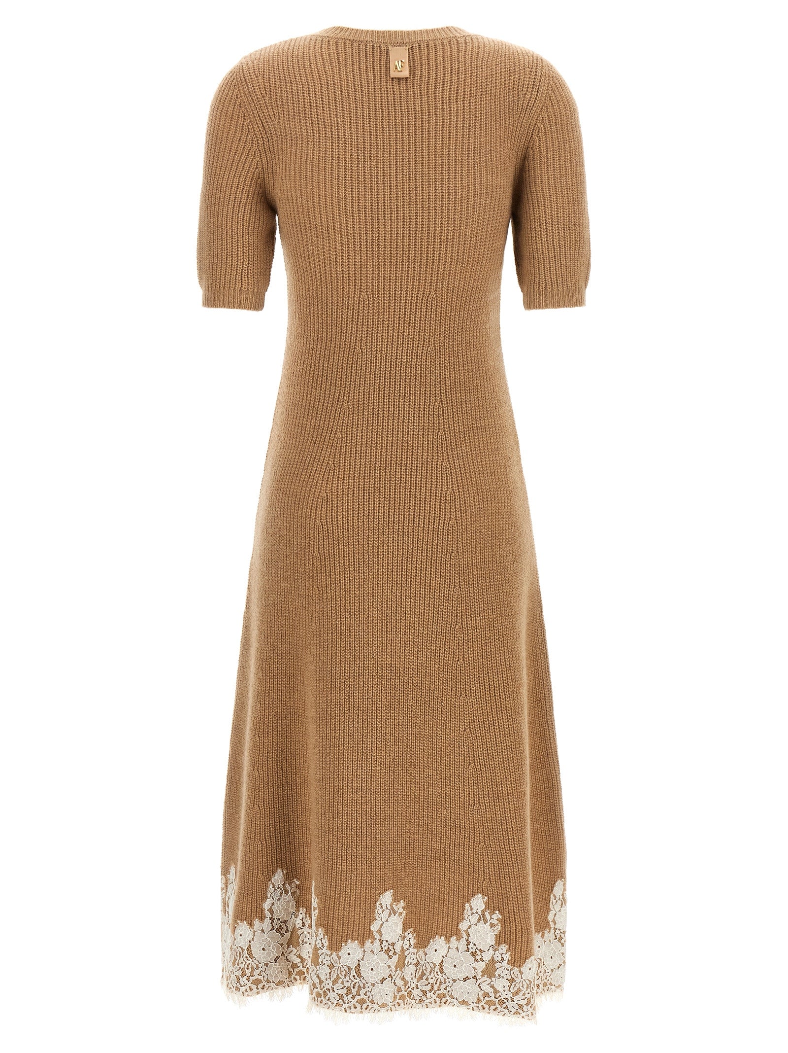 Dress by Alberta Ferretti for women in cashmere & acrylic fiber brown, camel, gold, white, floral & signature features an eye catching silhouette with a sophisticated , elegant , and a refined midi short for a eye catching aesthetic.