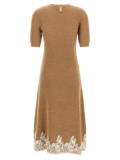 Dress by Alberta Ferretti for women in cashmere & acrylic fiber brown, camel, gold, white, floral & signature features an eye catching silhouette with a sophisticated , elegant , and a refined midi short for a eye catching aesthetic.