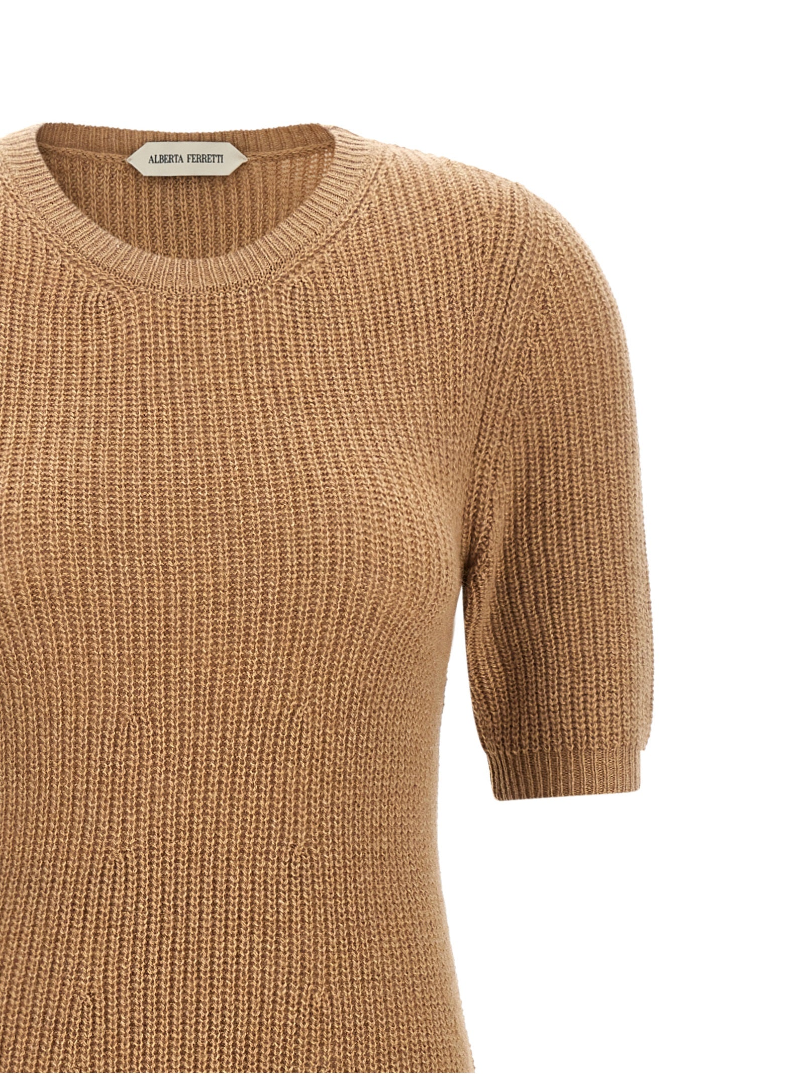 Dress by Alberta Ferretti for women in cashmere & acrylic fiber brown, camel, gold, white, floral & signature features an sultry silhouette defined by a and , falling to an sultry midi short for a sultry look.