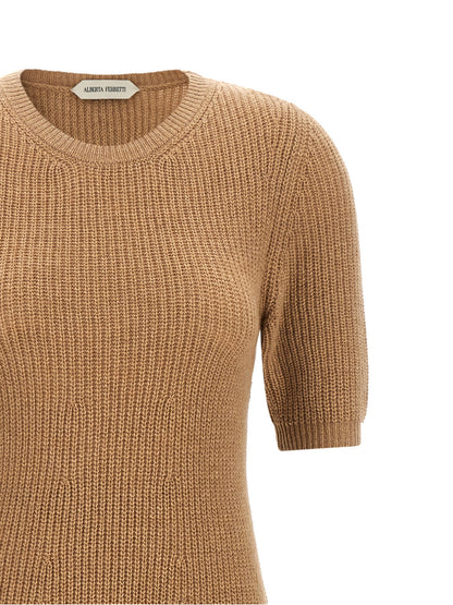Dress by Alberta Ferretti for women in cashmere & acrylic fiber brown, camel, gold, white, floral & signature features an sultry silhouette defined by a and , falling to an sultry midi short for a sultry look.