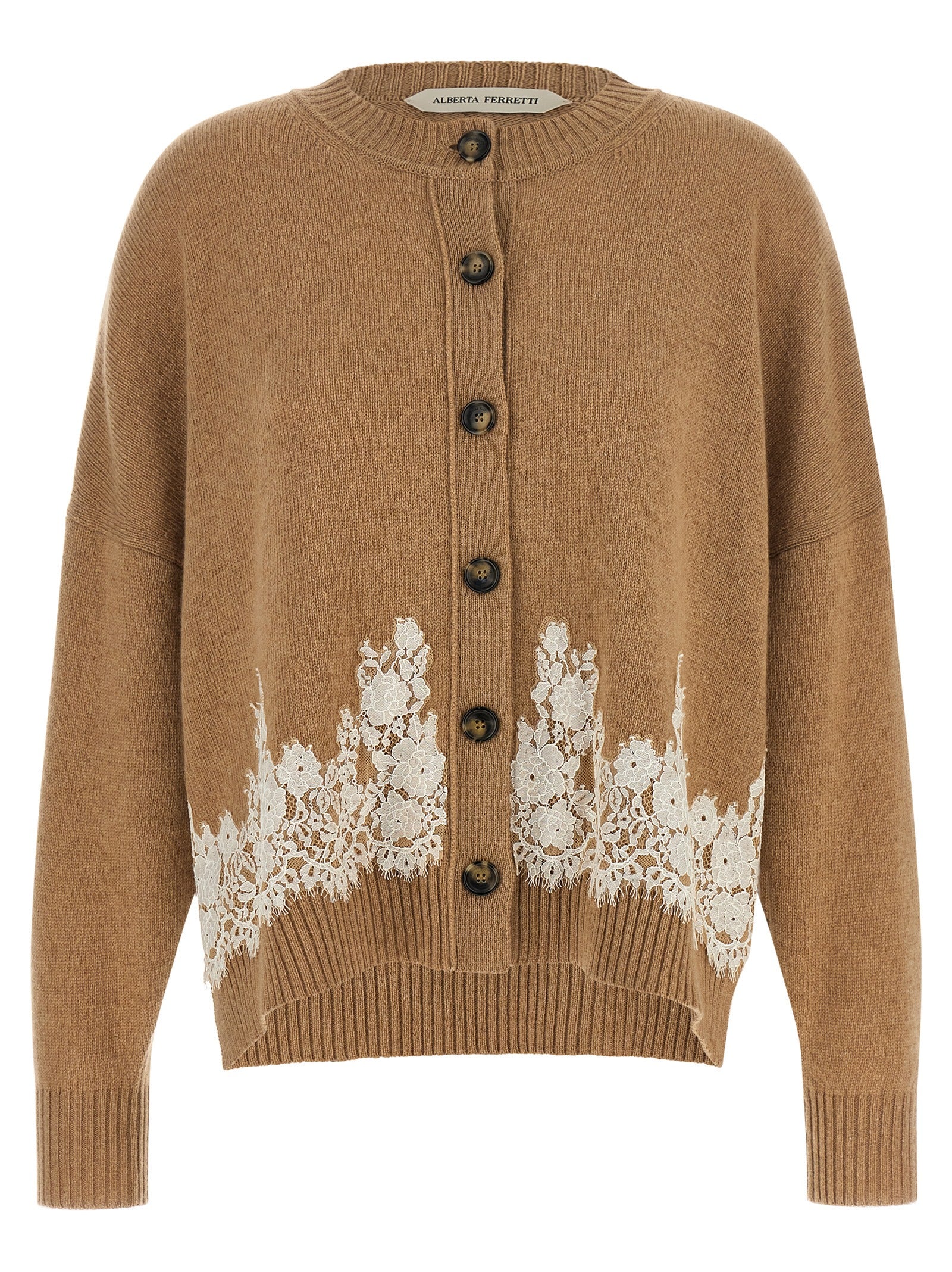 Cardigan by Alberta Ferretti for women in cashmere acrylic fiber & leather brown, camel, horn, natural & white features an impeccable silhouette, showcasing a sophisticated and detail for a truly impeccable finish.