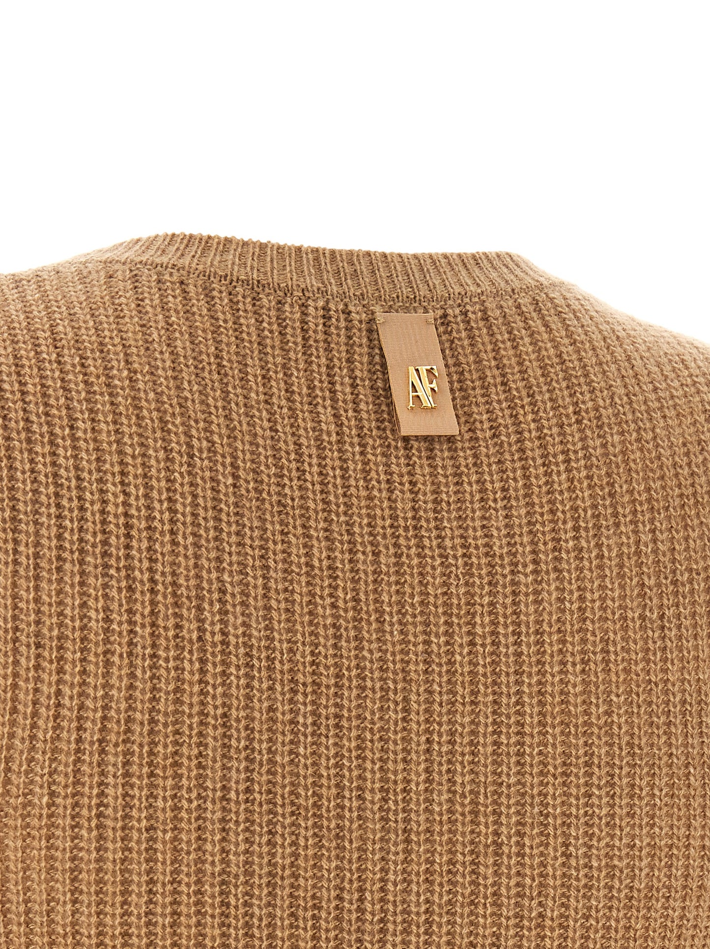 Dress by Alberta Ferretti for women in cashmere & acrylic fiber brown, camel, gold, white, floral & signature features a dramatic silhouette, showcasing an elegant and that flows into a dramatic midi short.