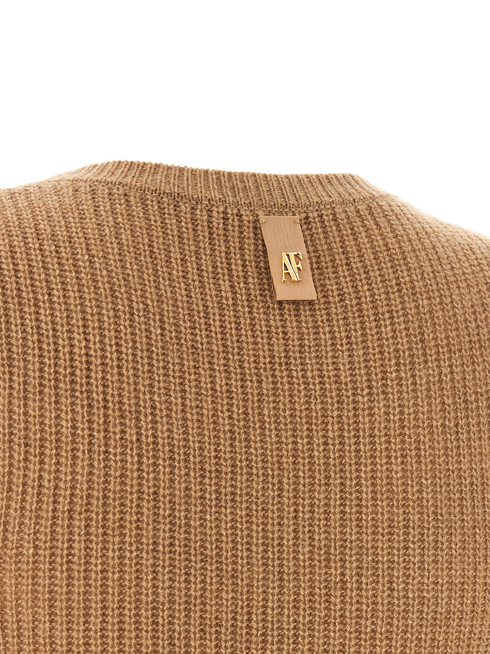 Dress by Alberta Ferretti for women in cashmere & acrylic fiber brown, camel, gold, white, floral & signature features a dramatic silhouette, showcasing an elegant and that flows into a dramatic midi short.