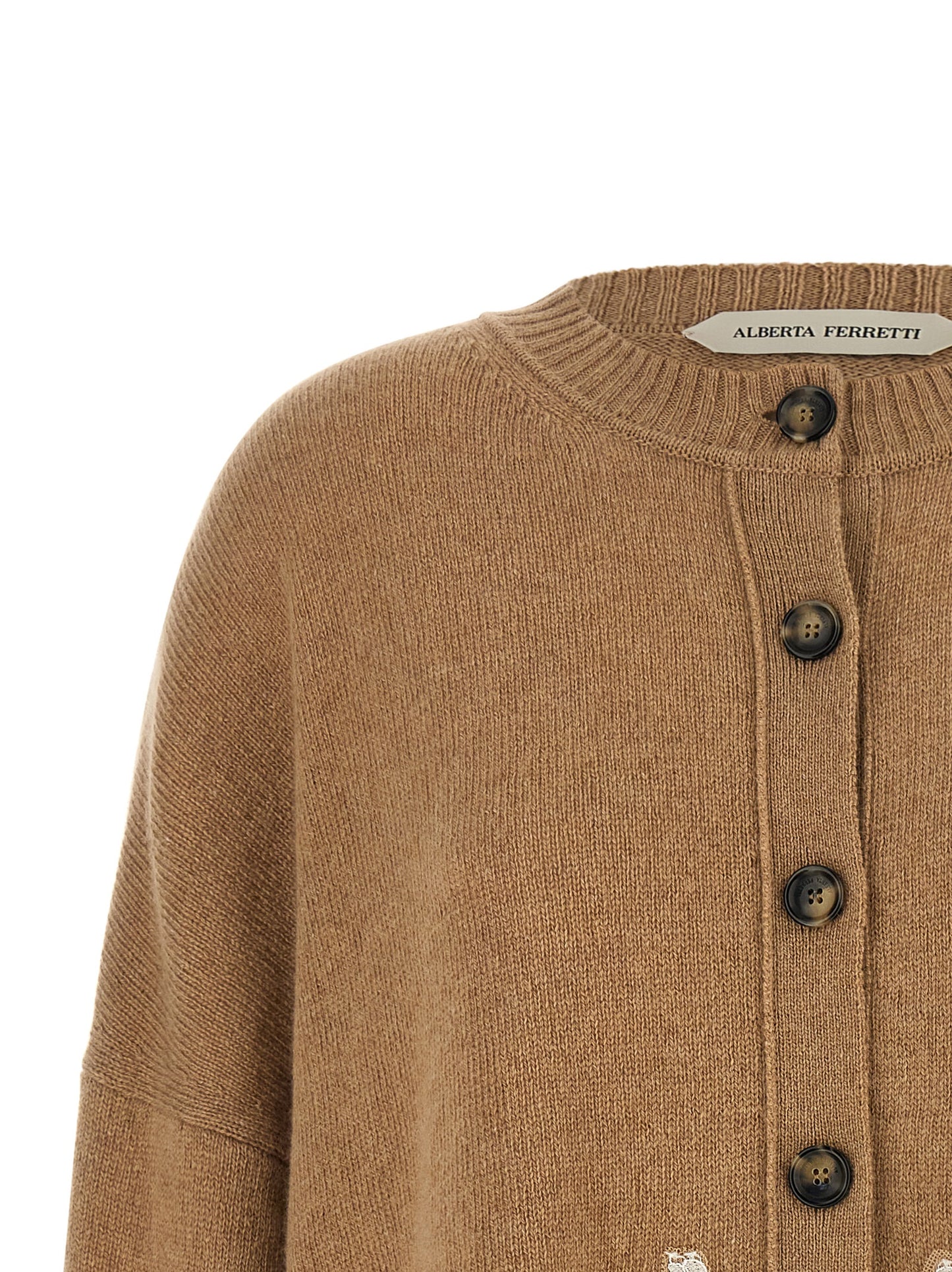 Cardigan by Alberta Ferretti for women in cashmere acrylic fiber & leather brown, camel, horn, natural & white features a dramatic silhouette, showcasing a sophisticated and dramatic detail for a timeless, premium look.
