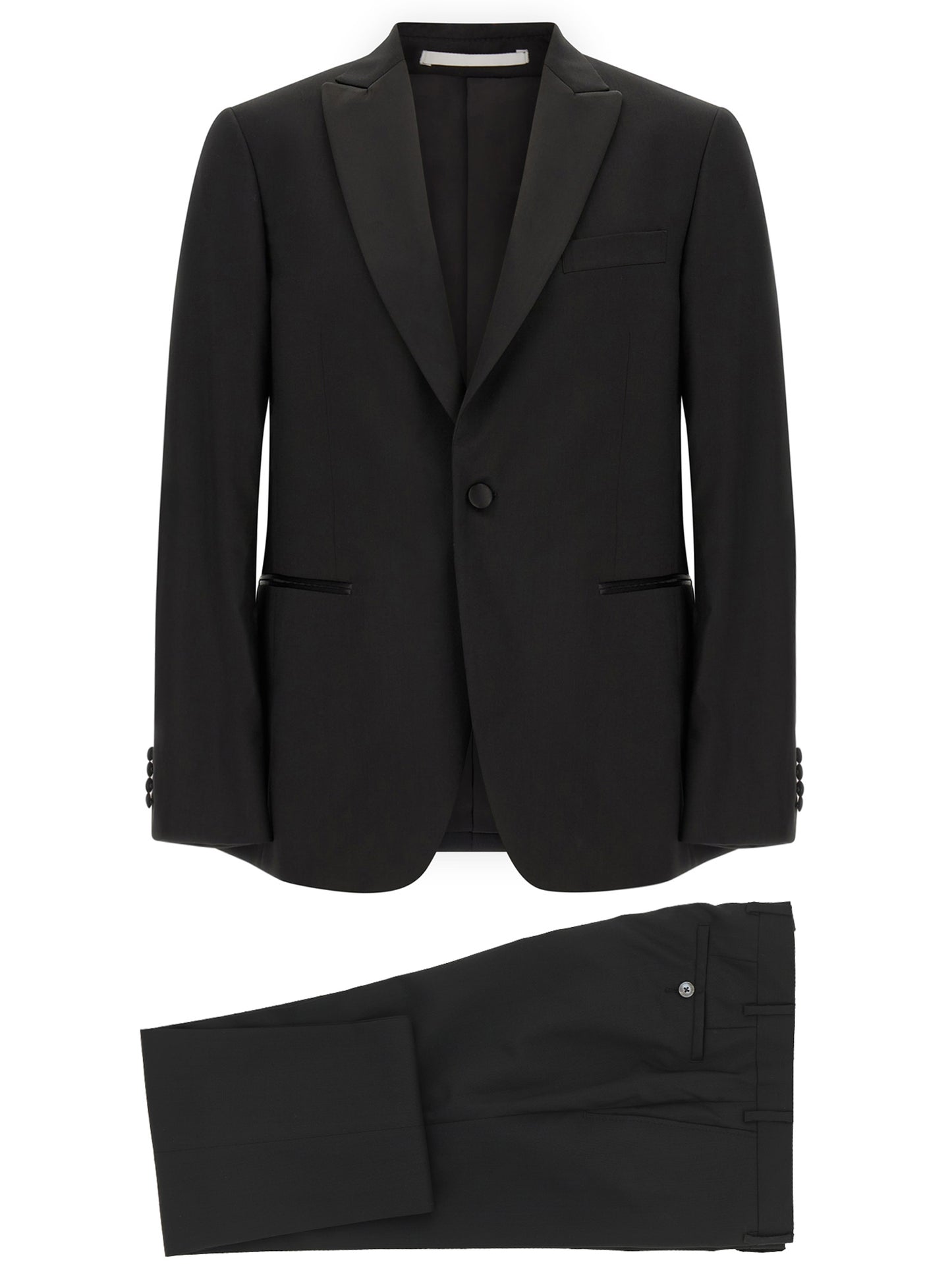 Pant Suit by Pal Zileri for men in satin wool black showcases a sartorial silhouette, artfully detailed with a sophisticated and a sartorial straight for a refined, high-fashion aesthetic.