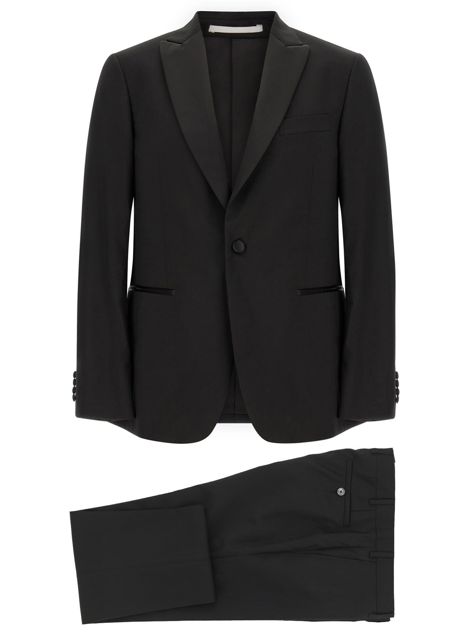 Pant Suit by Pal Zileri for men in satin wool black showcases a sartorial silhouette, artfully detailed with a sophisticated and a sartorial straight for a refined, high-fashion aesthetic.