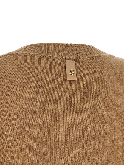 Cardigan by Alberta Ferretti for women in cashmere acrylic fiber & leather brown, camel, horn, natural & white presents a textural silhouette, artfully finished with a textural and for a sophisticated, textural look.