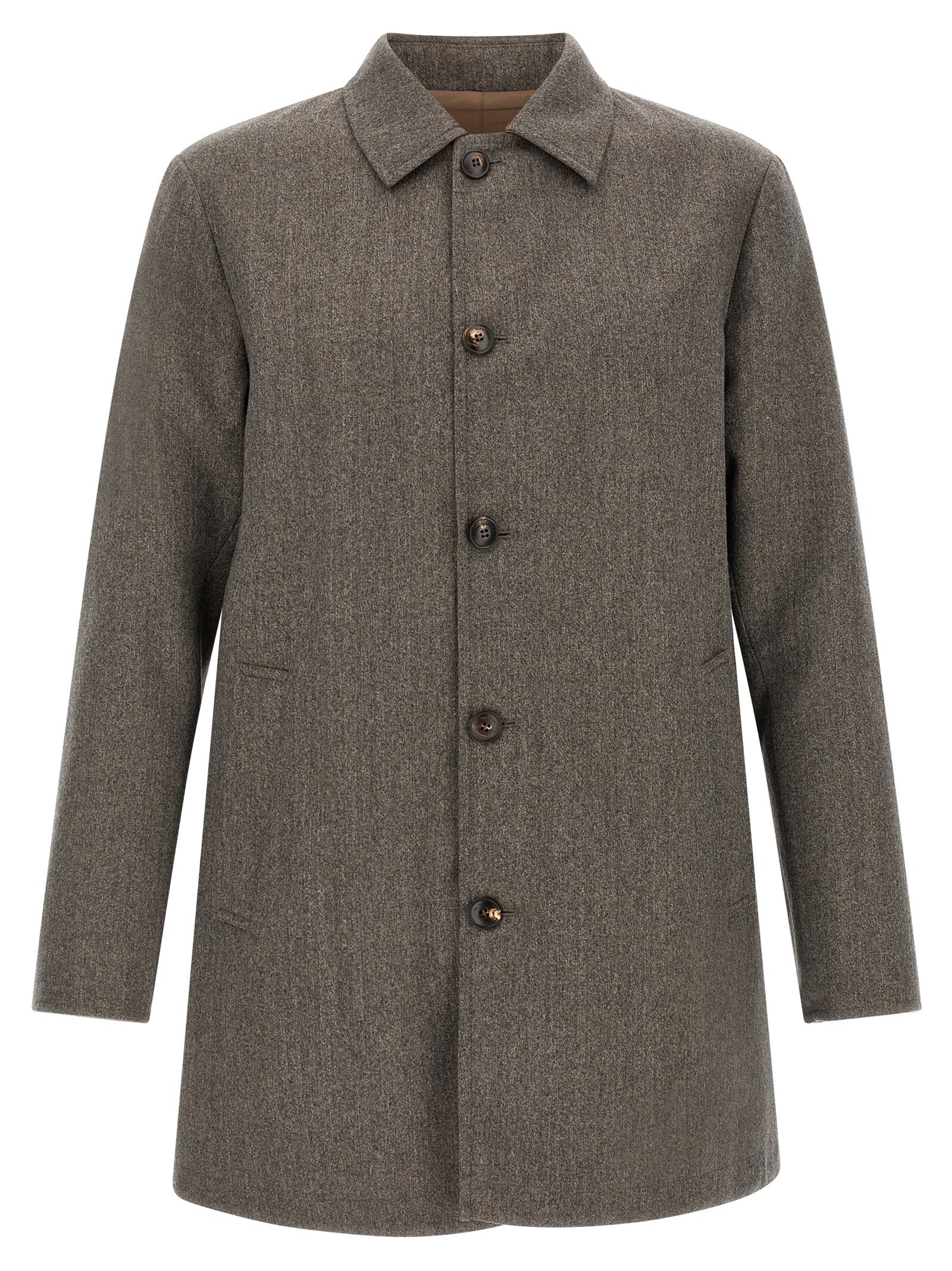 Rain Coat by Pal Zileri for men in wool brown & gray features an flawless silhouette, showcasing a sophisticated shirt-collar neckline and functional for a premium, flawless look.