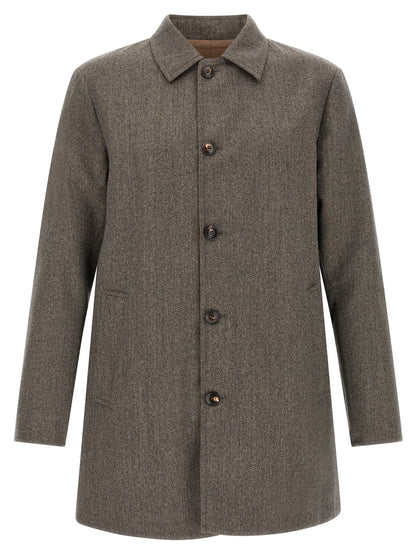 Rain Coat by Pal Zileri for men in wool brown & gray features an flawless silhouette, showcasing a sophisticated shirt-collar neckline and functional for a premium, flawless look.