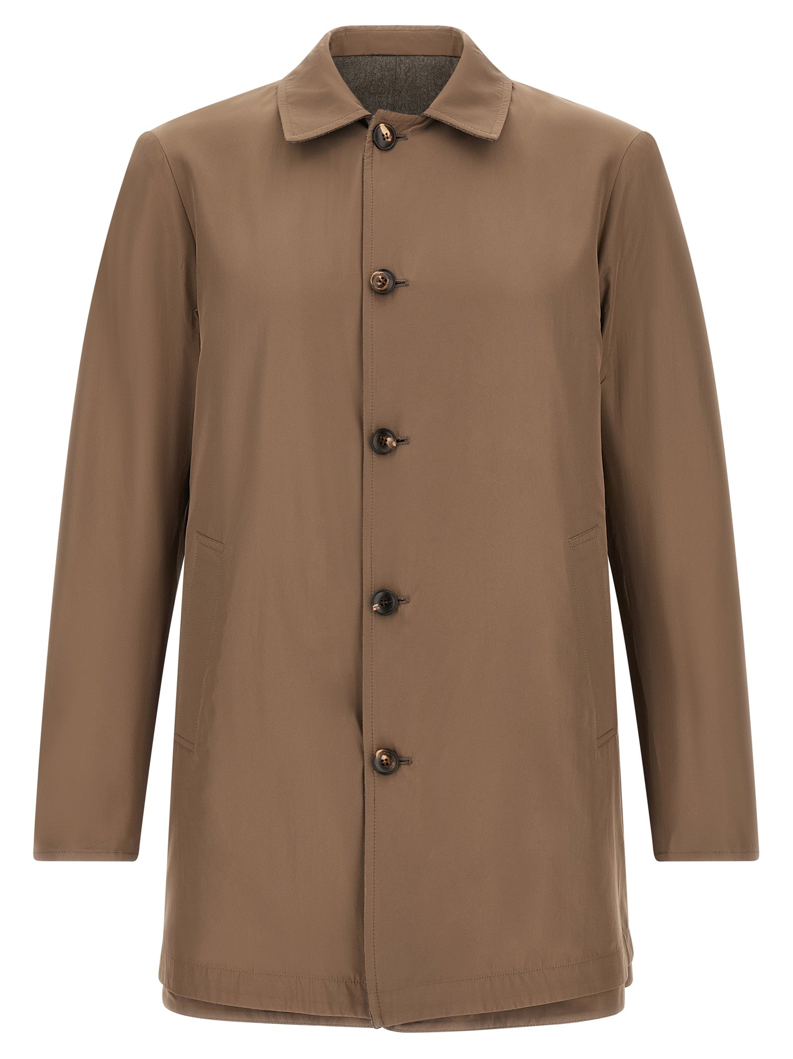 Rain Coat by Pal Zileri for men in wool brown & gray features a provocative silhouette, artfully integrating and a sophisticated shirt-collar neckline for a provocative and weather-ready look.
