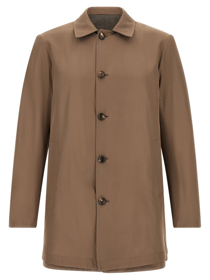 Rain Coat by Pal Zileri for men in wool brown & gray features a provocative silhouette, artfully integrating and a sophisticated shirt-collar neckline for a provocative and weather-ready look.
