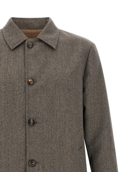 Rain Coat by Pal Zileri for men in wool brown & gray features an contemporary silhouette, showcasing a sophisticated shirt-collar neckline and contemporary for a premium, weather-ready look.