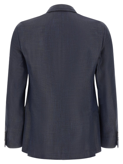 Blazer by Pal Zileri for men in viscose gold & navy showcases a polished silhouette, highlighted by a refined lapel neckline and polished for a sophisticated finish.