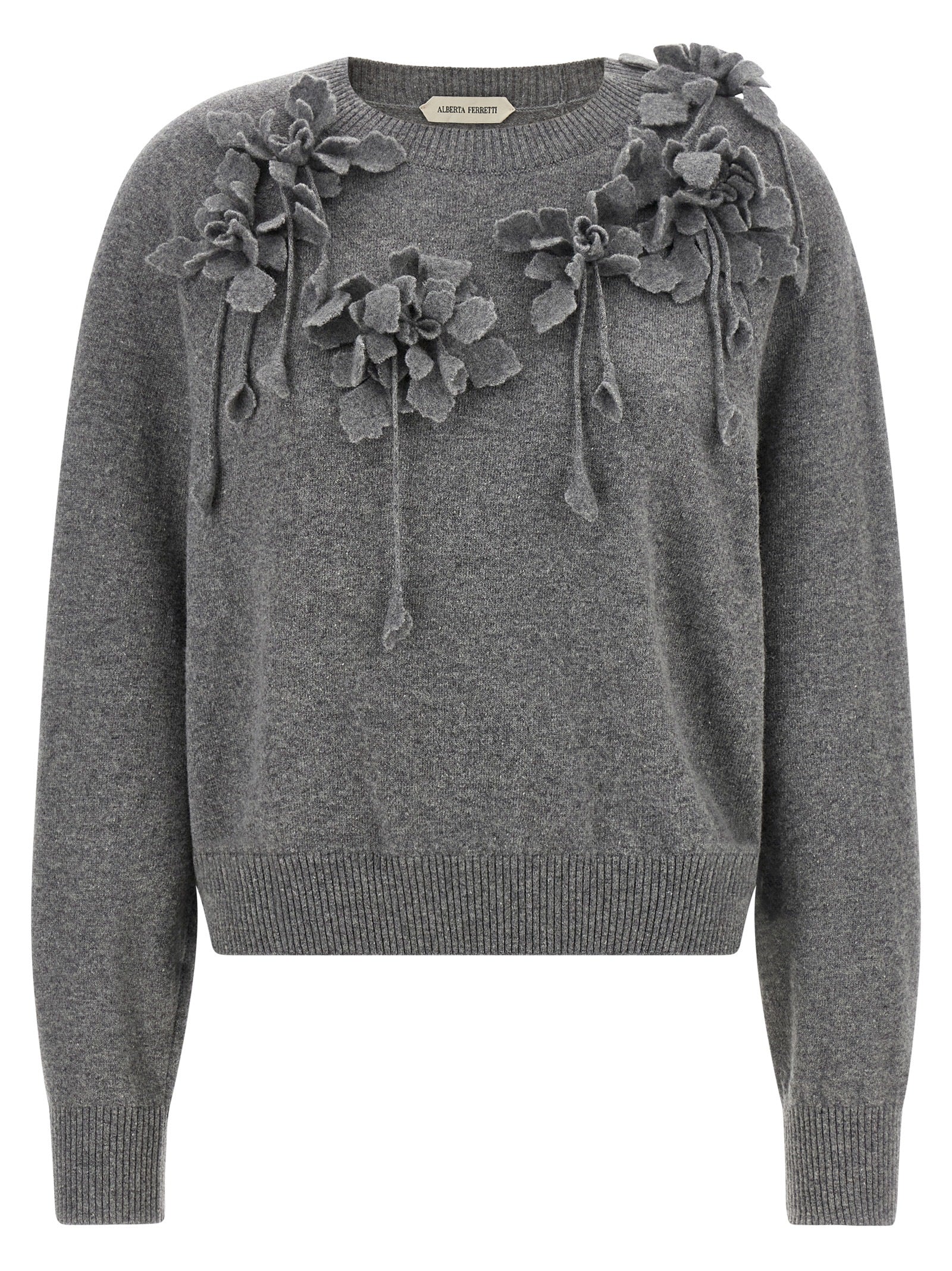 Cardigan by Alberta Ferretti for women in virgin wool gray & floral presents a textural silhouette, artfully finished with a textural and for a sophisticated, textural look.