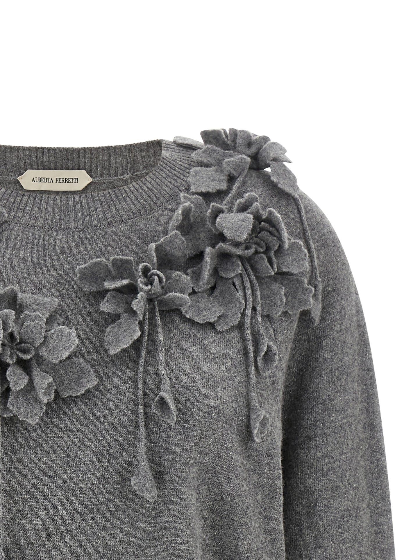 Cardigan by Alberta Ferretti for women in virgin wool gray & floral showcases a captivating silhouette, artfully detailed with a captivating and for a truly sophisticated captivating look.