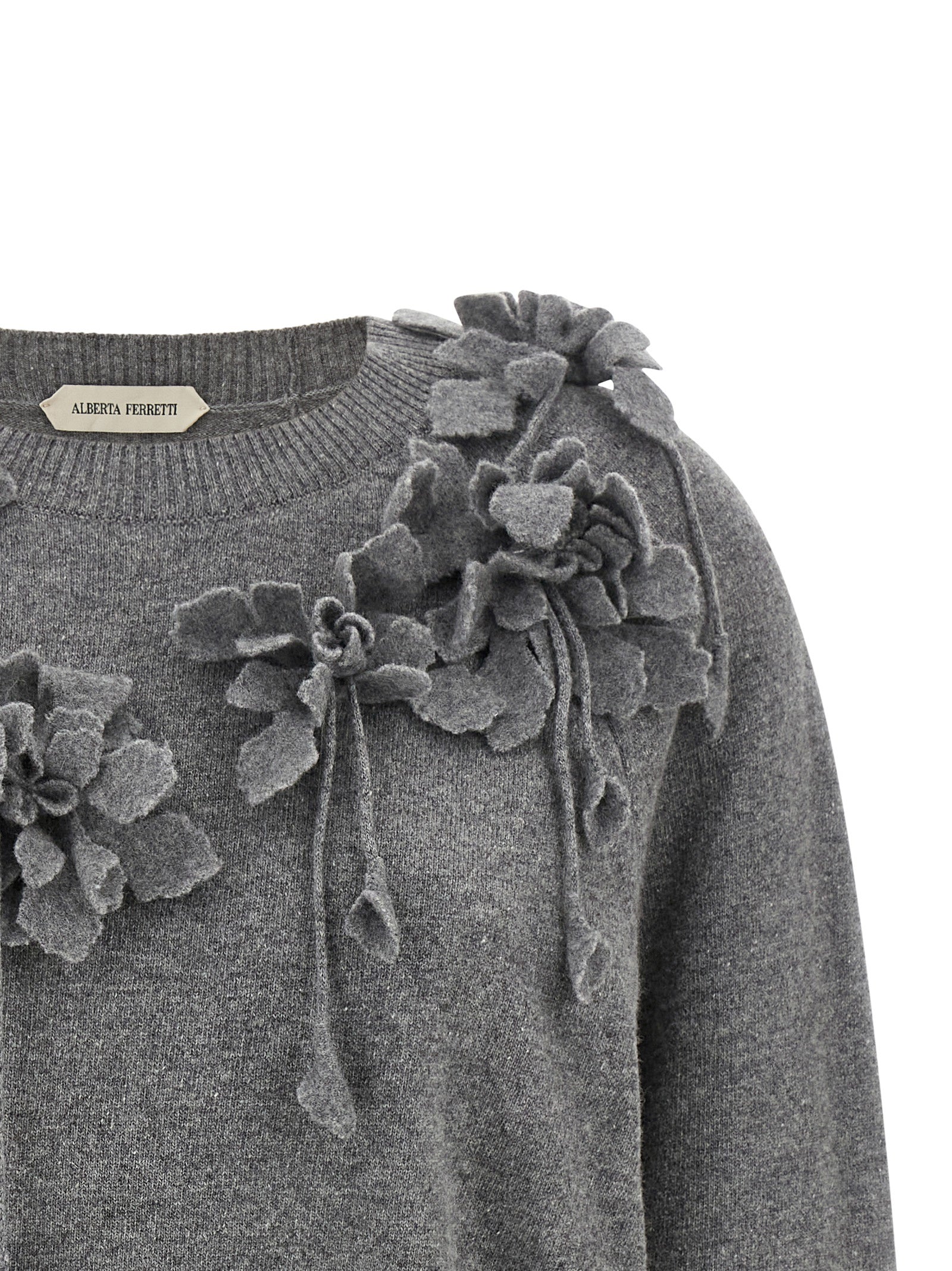 Cardigan by Alberta Ferretti for women in virgin wool gray & floral showcases a captivating silhouette, artfully detailed with a captivating and for a truly sophisticated captivating look.