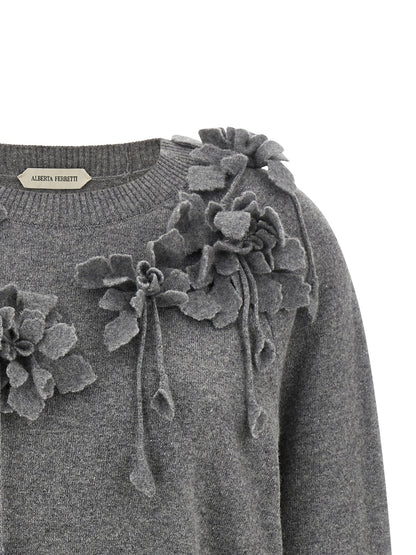 Cardigan by Alberta Ferretti for women in virgin wool gray & floral showcases a captivating silhouette, artfully detailed with a captivating and for a truly sophisticated captivating look.