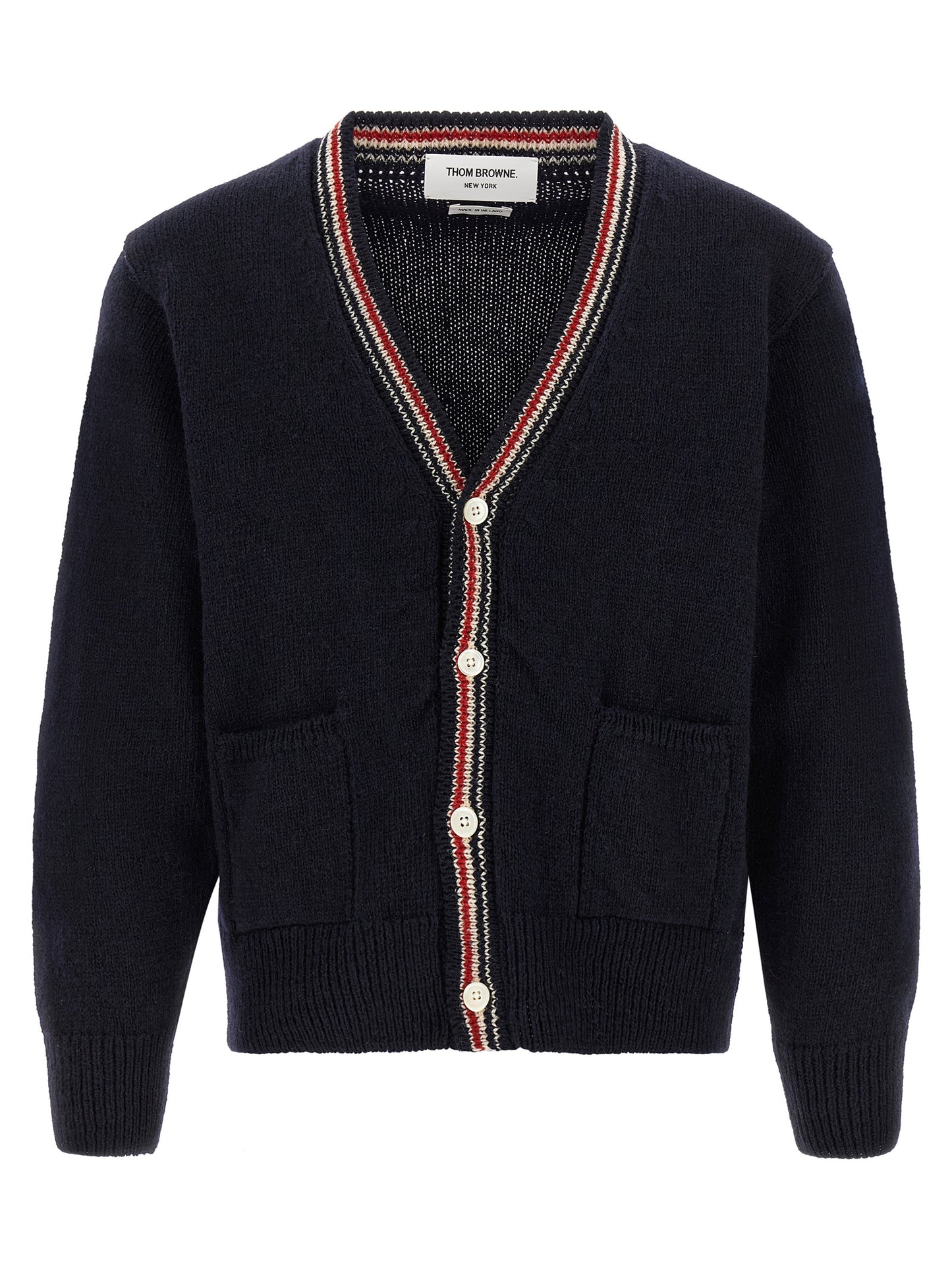 Cardigan by Thom Browne for men in mohair wool navy & striped features an impeccable silhouette, showcasing a sophisticated v-neck neckline and detail for a truly impeccable finish.