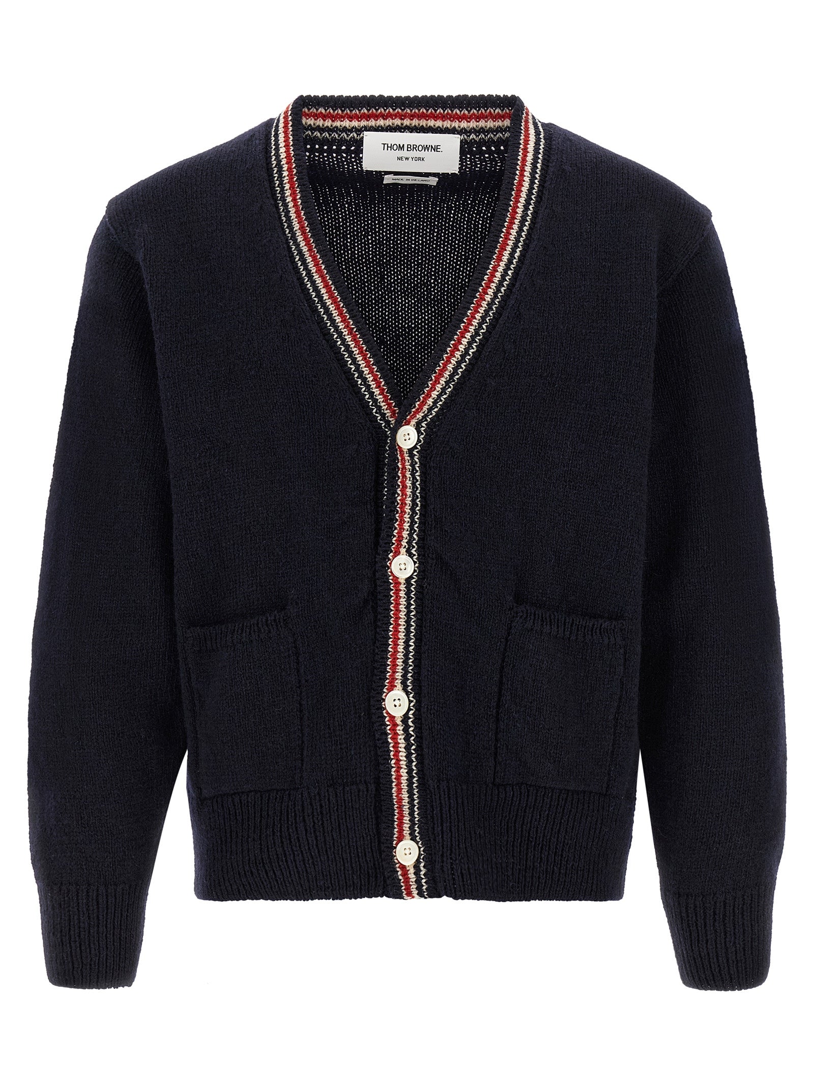 Cardigan by Thom Browne for men in mohair wool navy & striped features an impeccable silhouette, showcasing a sophisticated v-neck neckline and detail for a truly impeccable finish.