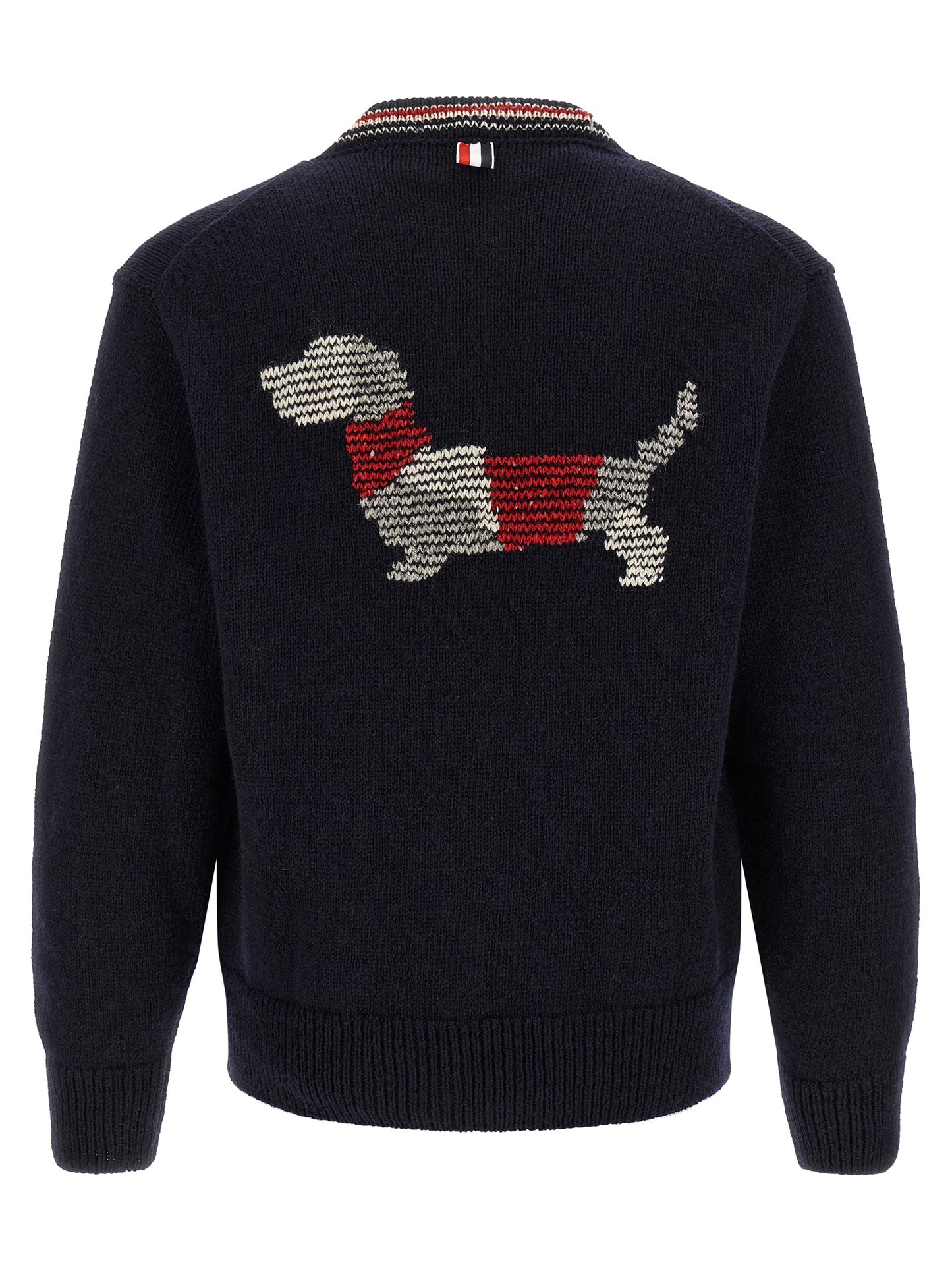 Cardigan by Thom Browne for men in mohair wool navy & striped features an crisp silhouette, showcasing a sophisticated v-neck neckline and detail for a truly crisp finish.