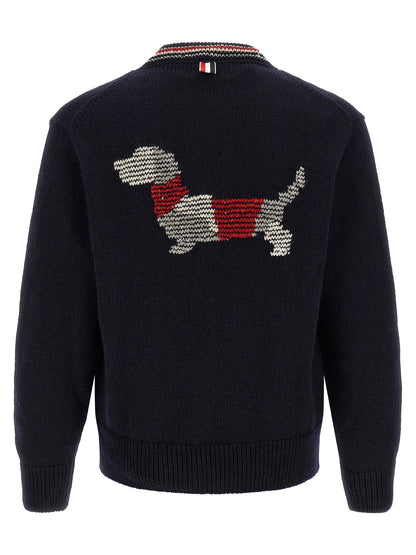 Cardigan by Thom Browne for men in mohair wool navy & striped features an crisp silhouette, showcasing a sophisticated v-neck neckline and detail for a truly crisp finish.