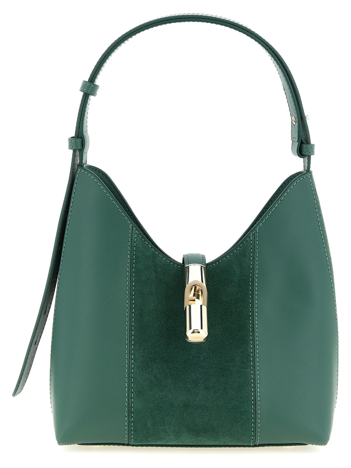 Hobo Shoulder Bag by Furla for women in suede calfskin leather bicolour & green features a effortless chic silhouette with a secure , ample , and versatile adjustable-strap & handle for a effortless chic finish.